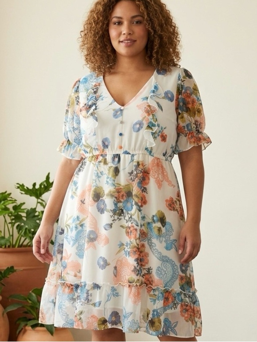 Cottagecore Boho Floral Chiffon Ruffle Dress XL V-Neck Mini Coquette Summer